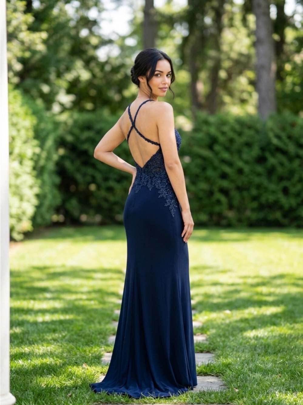 MORILEE Navy Lace V-Neck Prom Dress - new with tags